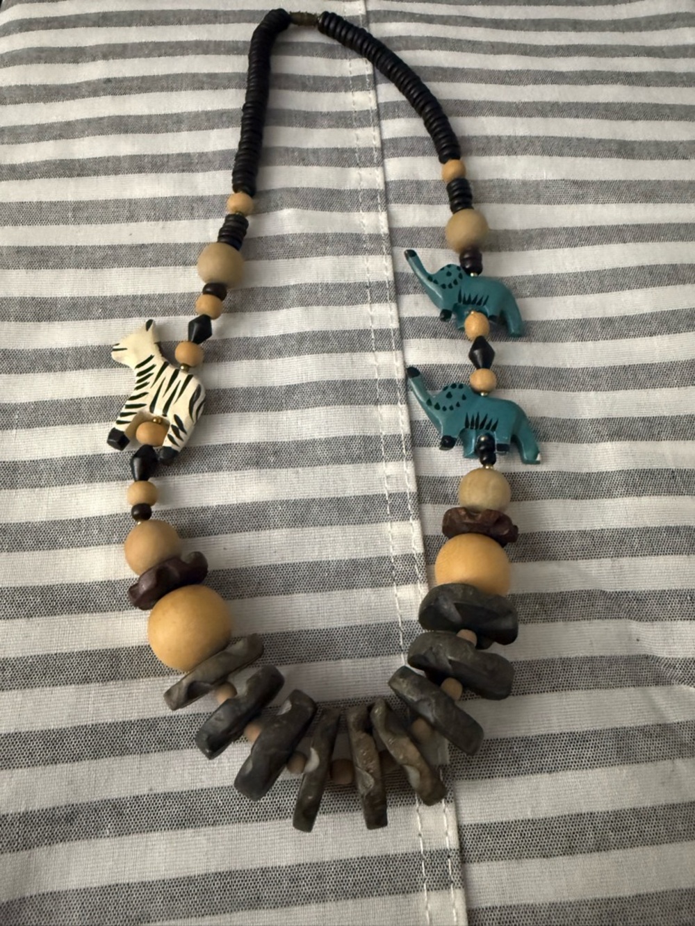 Handmade  Beaded Animal Charm Necklace Multicolor Wood Stone Ethnic